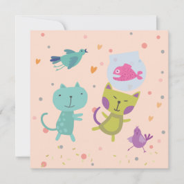kaart felicitatie tekening 2 poezen en vis  karte