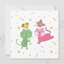 kaart verjaardag 2 poezen 2 vogeltjes karte