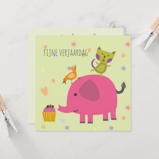 kaart verjaardag olifantje poes en cupcake karte (Vorderseite/Rückseite Beispiel)