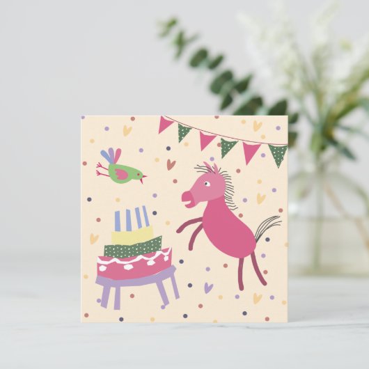 kaart verjaardag paardje met taart karte (Stehend Vorderseite)