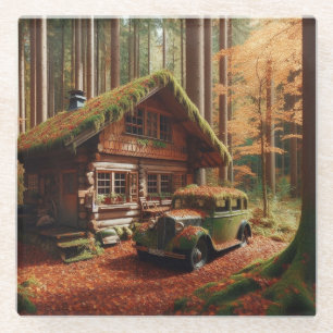 Kabine im Wald mit antikem Automobil Glasuntersetzer