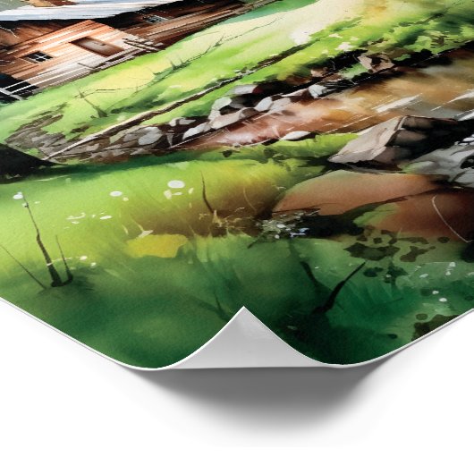 Kabine im Wald Springtime Wasserfarbe Poster (Ecke)