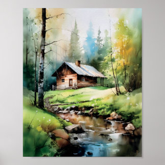 Kabine im Wald Springtime Wasserfarbe Poster