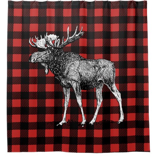 Kabinen-rustikale Elche u. Büffel kariert Duschvorhang (Vorderseite)