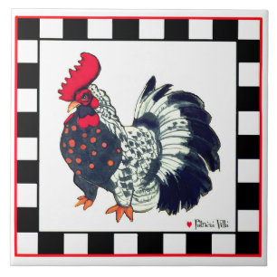 Kachel mit Hahn-Kunst schwarz-weiß kariert
