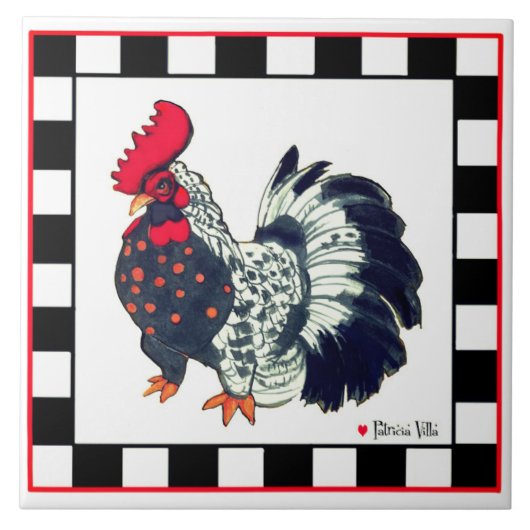 Kachel mit Hahn-Kunst schwarz-weiß kariert (Vorderseite)