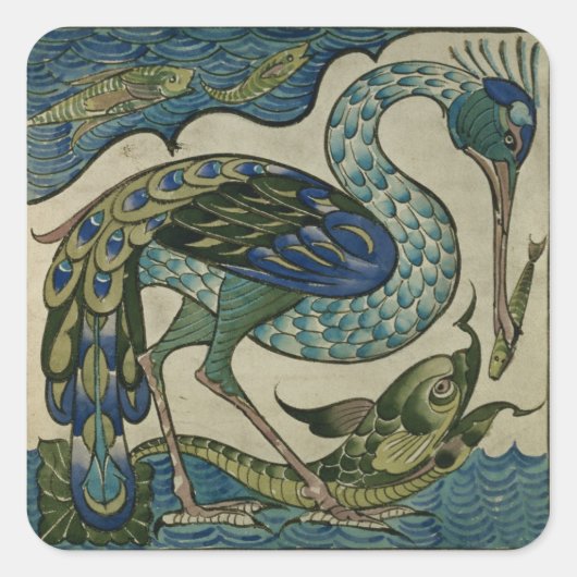 Kacheldesign von Heron und Fisch, von Walter Crane Quadratischer Aufkleber (Vorderseite)