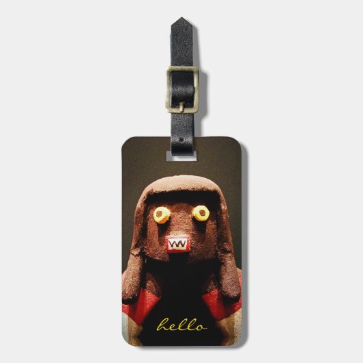 Kachina Doll Face Foto Hello Script Bold Niedlich Gepäckanhänger (Vorderseite vertikal)
