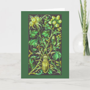 Käfer mit Hörnern in Gold und Grün Vintage-Druck Karte