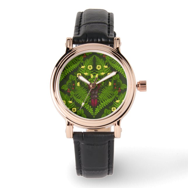 Käfer und Farne, grüne Blätter Armbanduhr (Vorderseite)