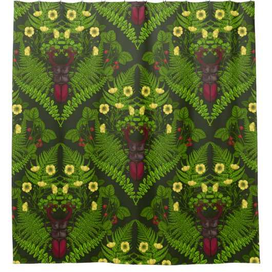 Käfer und Farne, grüne Blätter Duschvorhang (Vorderseite)