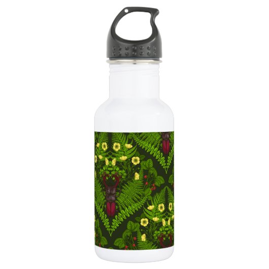 Käfer und Farne, grüne Blätter Edelstahlflasche (Vorderseite)