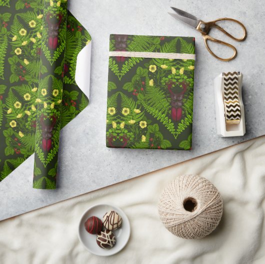 Käfer und Farne, grüne Blätter Geschenkpapier (Basteln)
