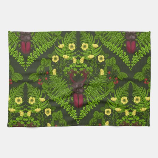 Käfer und Farne, grüne Blätter Geschirrtuch (Horizontal)