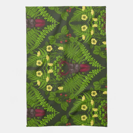 Käfer und Farne, grüne Blätter Geschirrtuch (Vertikal)
