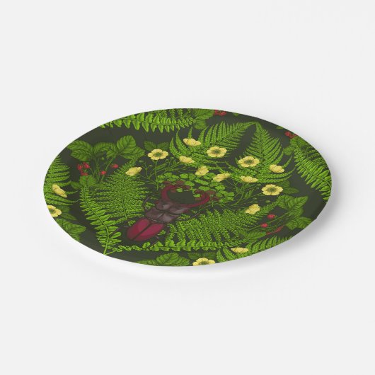 Käfer und Farne, grüne Blätter Pappteller (Schrägansicht)