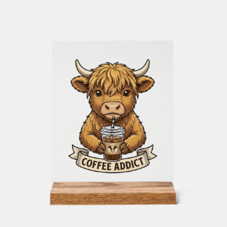 Kaffe Sucht Highland Kuh Vintage Gravur Shirt Acrylschild