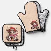 Kaffe süchtige Kuh Ofenhandschuh & Topflappen-Set (Vorderseite/Rückseite)