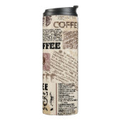 Kaffee. Abstraktes Kaffeemuster auf braunem Hinter Thermosbecher (Nach links gedreht)