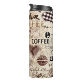 Kaffee. Abstraktes Kaffeemuster auf braunem Hinter Thermosbecher (Nach rechts gedreht)