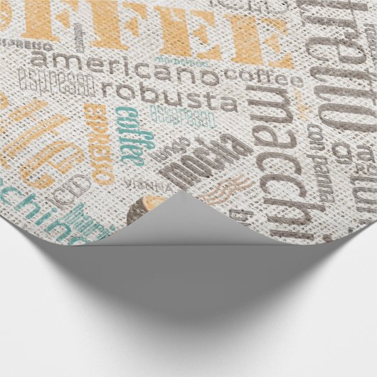 Kaffee auf Burlap Word Cloud Aquamarin ID283 Geschenkpapier (Ecke)