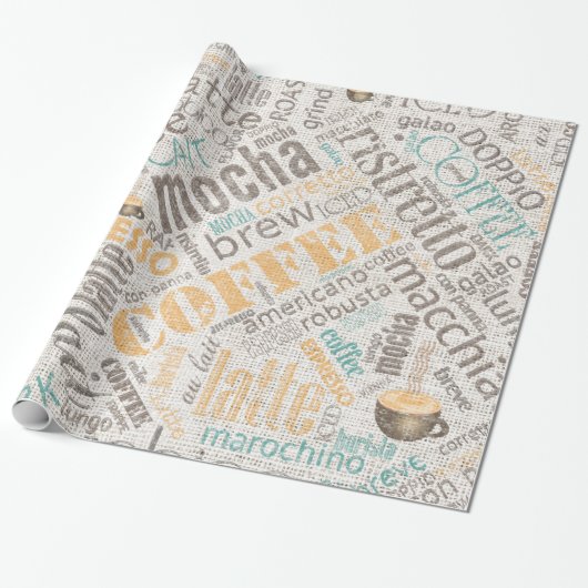 Kaffee auf Burlap Word Cloud Aquamarin ID283 Geschenkpapier (Ungerollt)