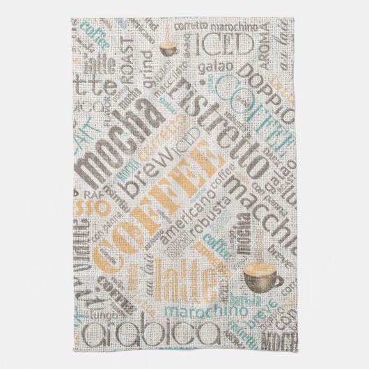 Kaffee auf Burlap Word Cloud Aquamarin ID283 Küchentuch (Vertikal)