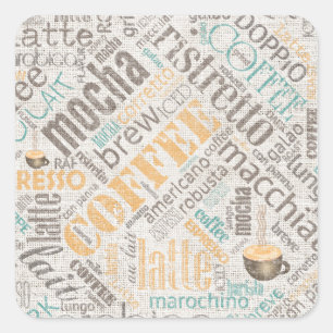 Kaffee auf Burlap Word Cloud Aquamarin ID283 Quadratischer Aufkleber