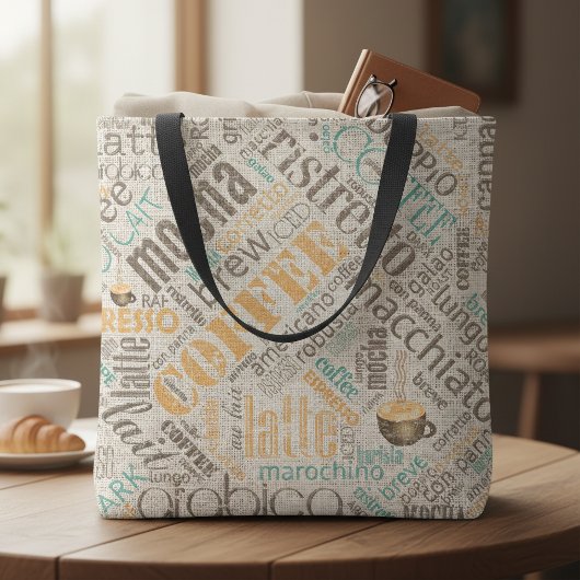 Kaffee auf Burlap Word Cloud Aquamarin ID283 Tasche