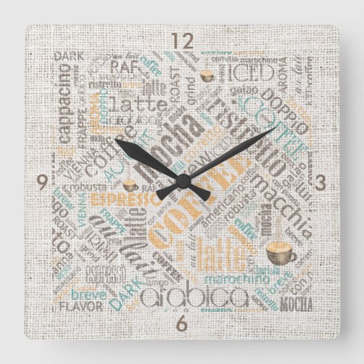Kaffee auf Burlap Word Cloud Aquamarine ID283 Quadratische Wanduhr (Vorderseite)