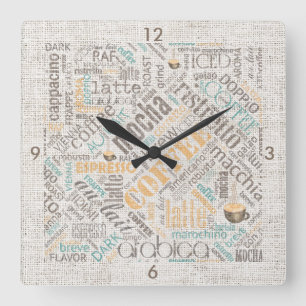 Kaffee auf Burlap Word Cloud Aquamarine ID283 Quadratische Wanduhr