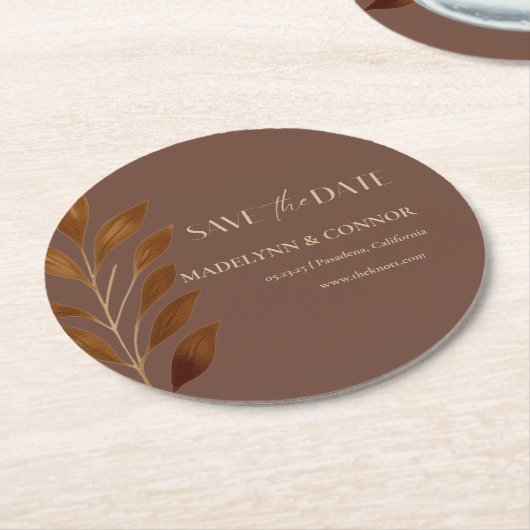 Kaffee Brown Gold Leaf Hochzeit speichern das Datu Runder Pappuntersetzer (Angewinkelt)