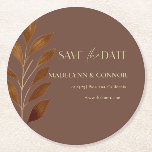 Kaffee Brown Gold Leaf Hochzeit speichern das Datu Runder Pappuntersetzer (Vorderseite)
