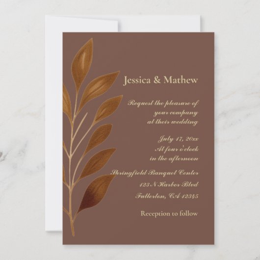 Kaffee Brown und Gold Leaf | Moderne Hochzeit Einladung (Vorderseite)