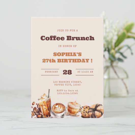 Kaffee-Brunch-Geburtstag jedes Alters Einladung (Stehend Vorderseite)