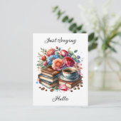 Kaffee, Bücher und Blume | Denken Sie an Sie Postkarte (Stehend Vorderseite)