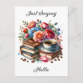 Kaffee, Bücher und Blume | Denken Sie an Sie Postkarte (Vorderseite)