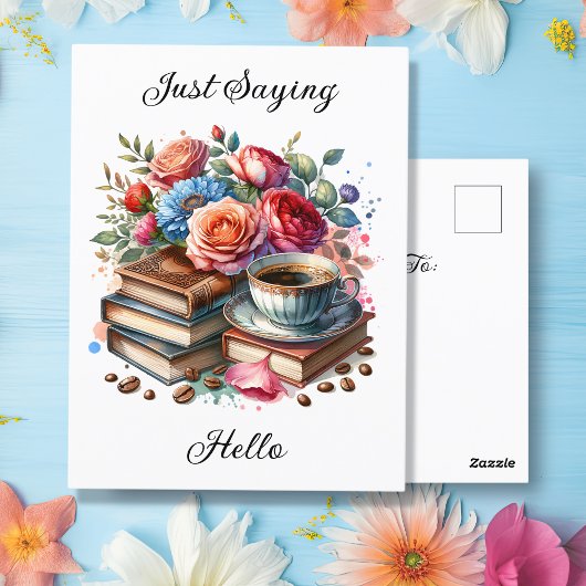 Kaffee, Bücher und Blume | Denken Sie an Sie Postkarte