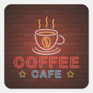 Kaffee Café Neon-Schriftzug Quadratischer Aufkleber