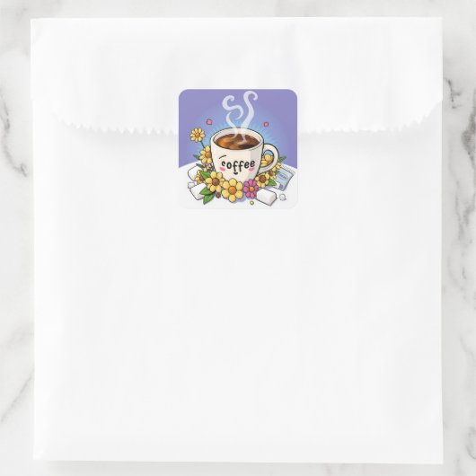 Kaffee, Creme und Blume Whimsical Cartoon Quadratischer Aufkleber (Tasche)