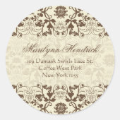 Kaffee & Creme Vintag Damask Spitzen Rücksendeadre Runder Aufkleber (Vorderseite)