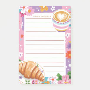 Kaffee-Croissant-Niedliche-Violette-Blumen-Blumenm Post-it Klebezettel