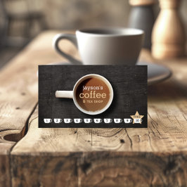 Kaffee-Cup auf Black Wood Coffee Shop Loyalty Card Treuekarte