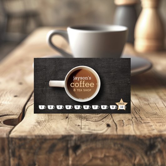 Kaffee-Cup auf Black Wood Coffee Shop Loyalty Card Treuekarte