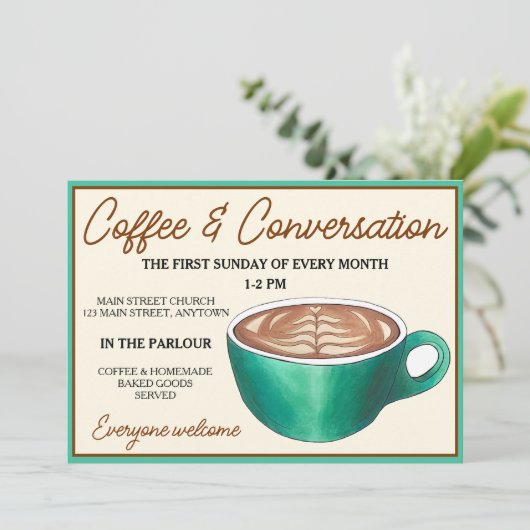 Kaffee-Cup Klatsch Konversation Kirche soziale Stu Einladung (Stehend Vorderseite)