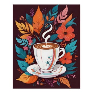 Kaffee-Cup mit farbenfrohen Blätter Poster