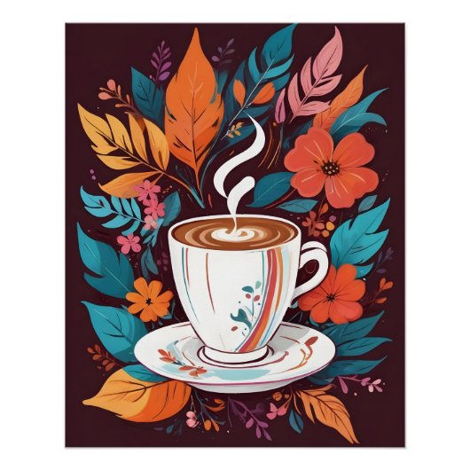 Kaffee-Cup mit farbenfrohen Blätter Poster (Vorderseite)