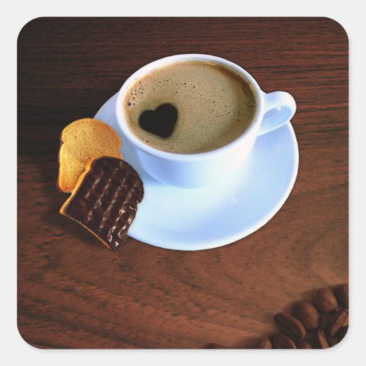 Kaffee-Cup mit herzenförmigen Schaumstoffen Quadratischer Aufkleber (Vorderseite)