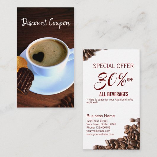 Kaffee-Cup mit herzenförmigen Schaumstoffen Rabattkarte (Vorne/Hinten)