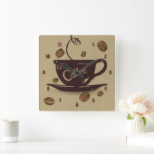 Kaffee-Cup und Bohnen Quadratische Wanduhr (Zuhause)
